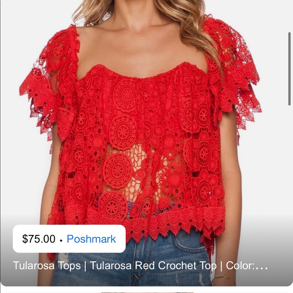 Tularosa red crochet off the shoulder top.